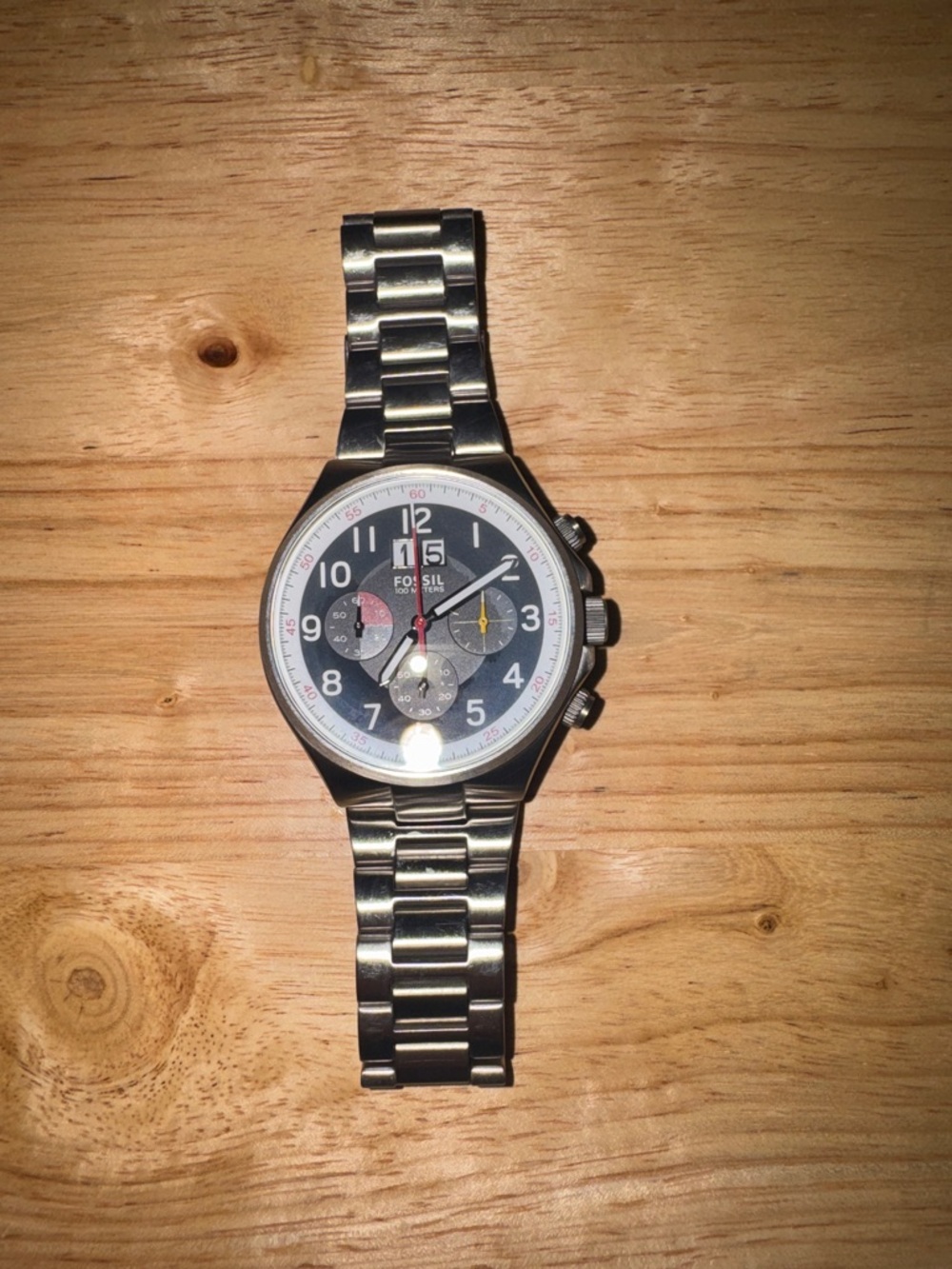 Men’s Fossil Chronograph Watch Silver Stainless Steel, Black Dial & Date feature